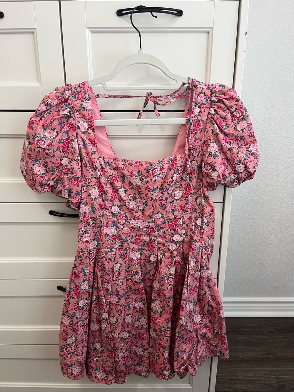 MABLE Pink Floral Puff Sleeve Square Neck Babydoll Mini Dress - Picture 2 of 3